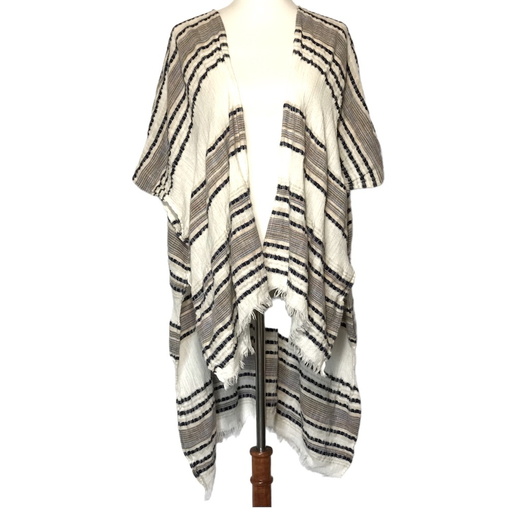 American Eagle White Tan Black Striped Open Front Fringe Poncho Size O/S